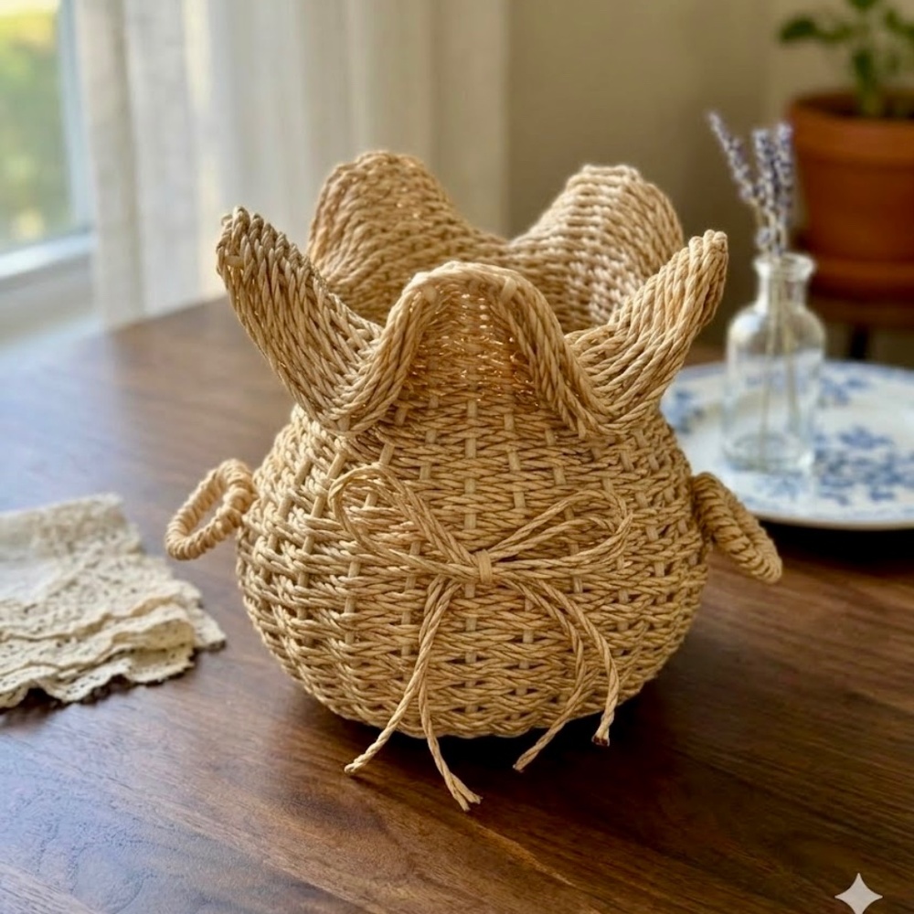 Woven Raffia Ginger Jar | Scalloped Rim, Bow Accent, Italian Style Basket